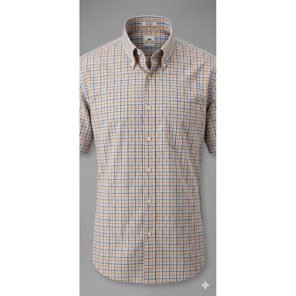 Peter Millar Plaid Short Sleeve Button Up Mens XL 100% Cotton Orange Blue Vtg